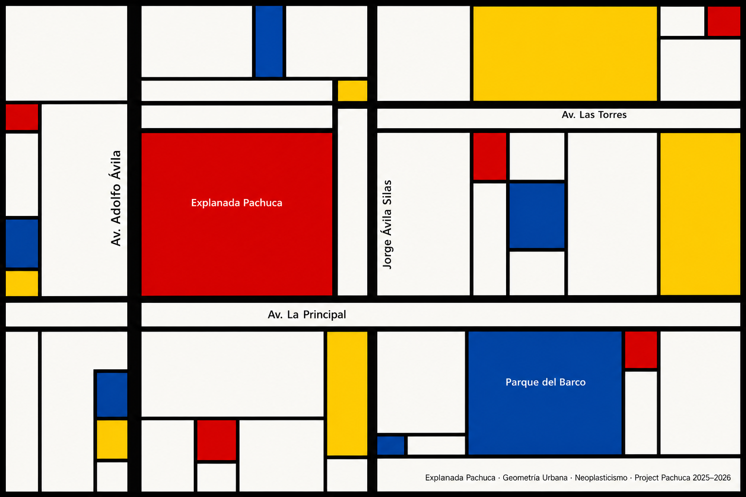 Obra de arte Neoplasticismo estilo Mondrian basada en la trama urbana de Explanada Pachuca — rectángulos en colores primarios (rojo, amarillo, azul) delimitados por líneas negras ortogonales que representan Av. Adolfo Ávila, Av. Las Torres, Av. La Principal y Jorge Ávila Silas