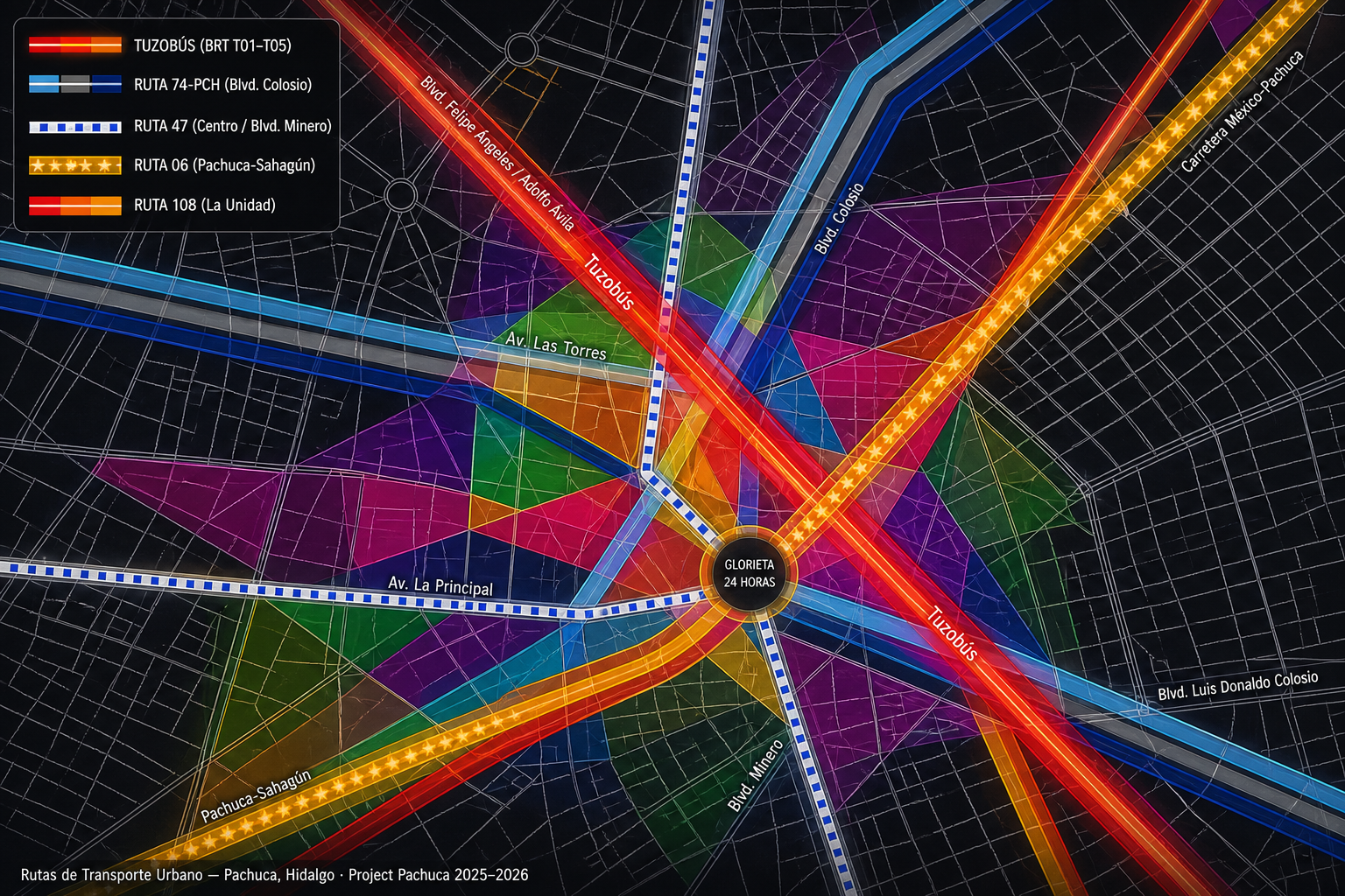Obra de arte geométrica con la trazabilidad real de calles de Pachuca como fondo y las rutas de transporte público en sus colores oficiales: Tuzobús rojo/naranja, Ruta 74 azul cielo/gris/azul marino, Ruta 47 blanco con cuadros azules, Ruta 06 amarillo/naranja, Ruta 108 rojo/naranja/amarillo. La Glorieta 24 horas es el punto central de convergencia