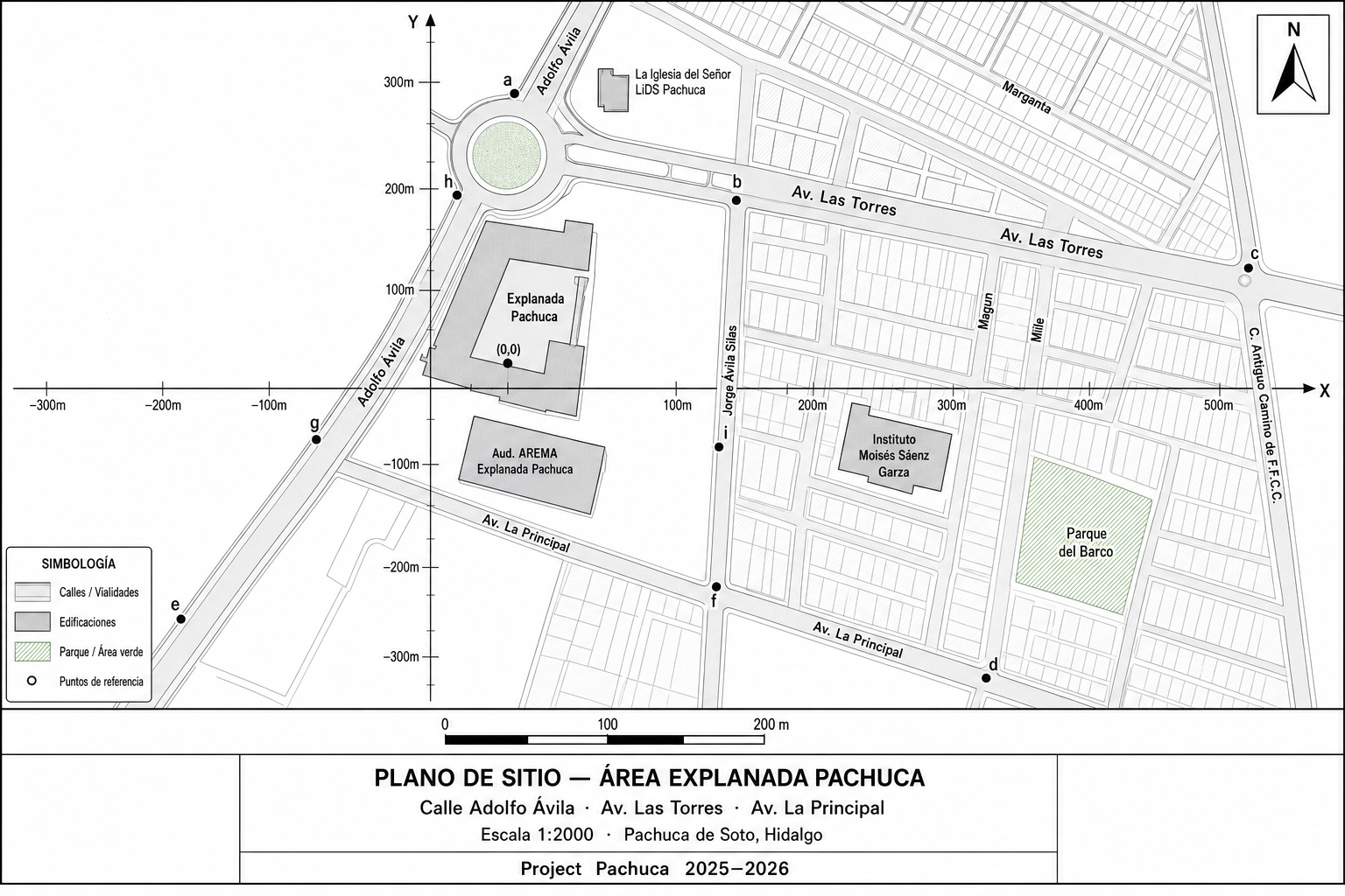Plano arquitectónico 2D de la zona alrededor de Explanada Pachuca — calles Calle 67, Calle Emir y Av. Forchis, con sistema de coordenadas cartesianas, edificaciones y puntos etiquetados de la a a la r. Escala 1:1000