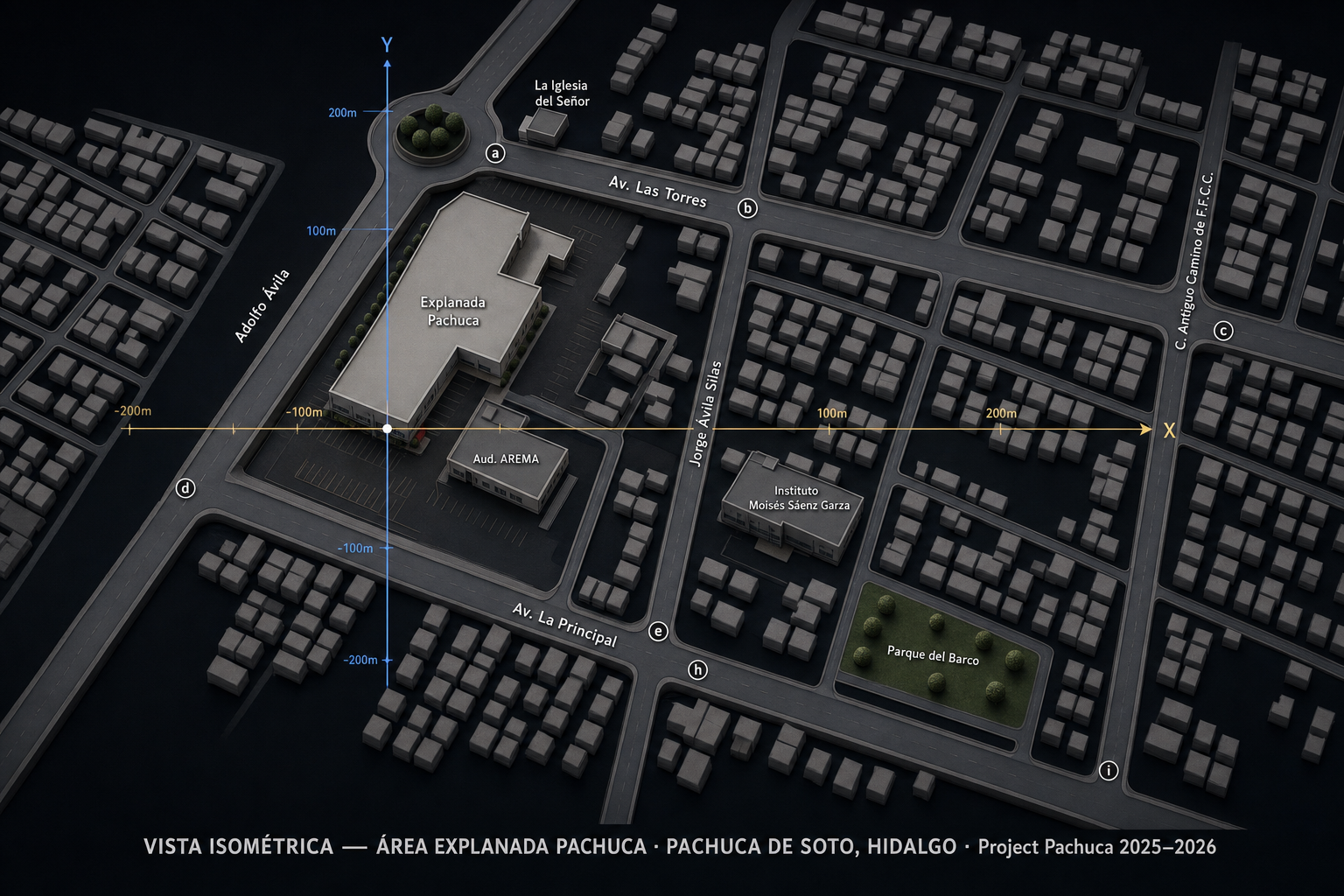 Vista isométrica 3D de la zona alrededor de Explanada Pachuca — representación tridimensional de manzanas, calles y edificaciones con sistema de coordenadas y puntos etiquetados